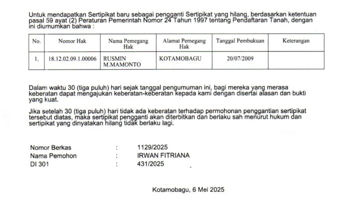 Pengumuman Kehilangan Sertifikat Tanah