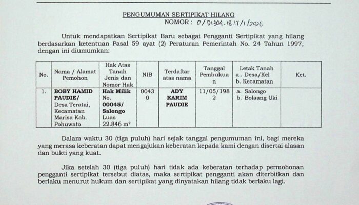 Pengumuman Sertifikat Atas Nama Boby Hamid Paudi Hilang